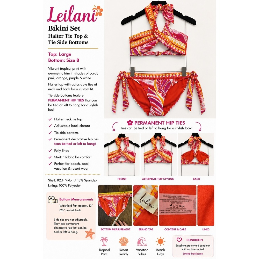 Leilani Bikini Y2K Set L Top 8 Bottom Tropical V-Wire Halter Swimwear 2010 NWOT